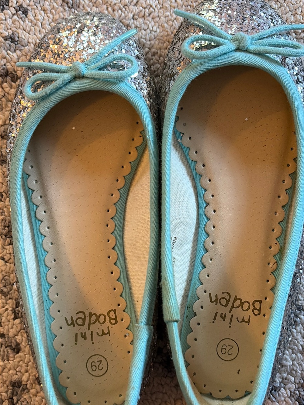 Mini Boden Mint Glitter Ballet Flats with Bow Trim